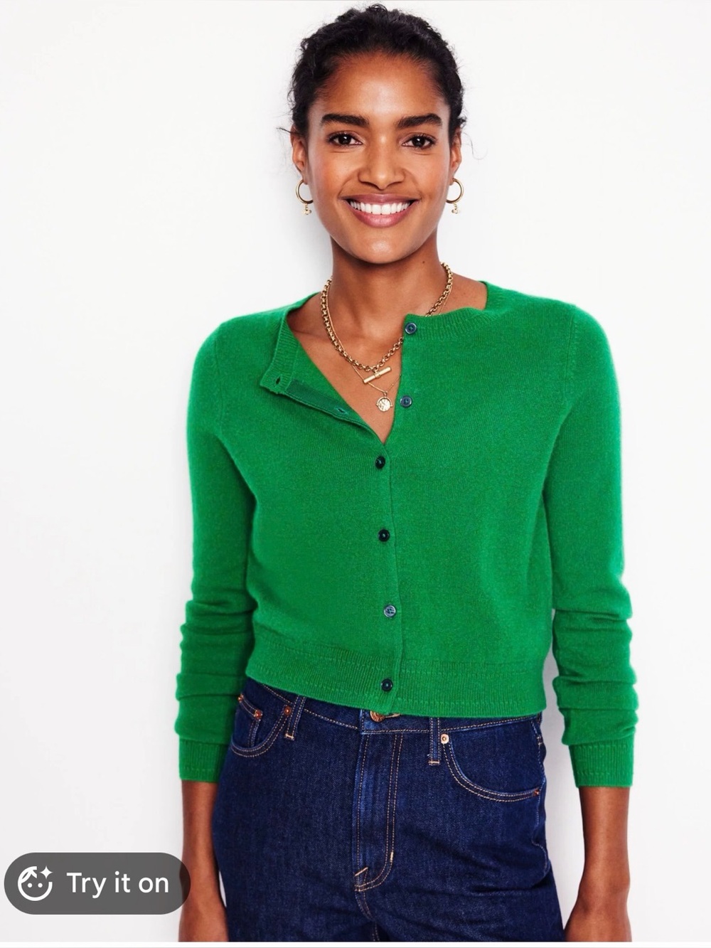 Boden Eva Cashmere Crew Green Button-Front Cardigan Sweater Size S